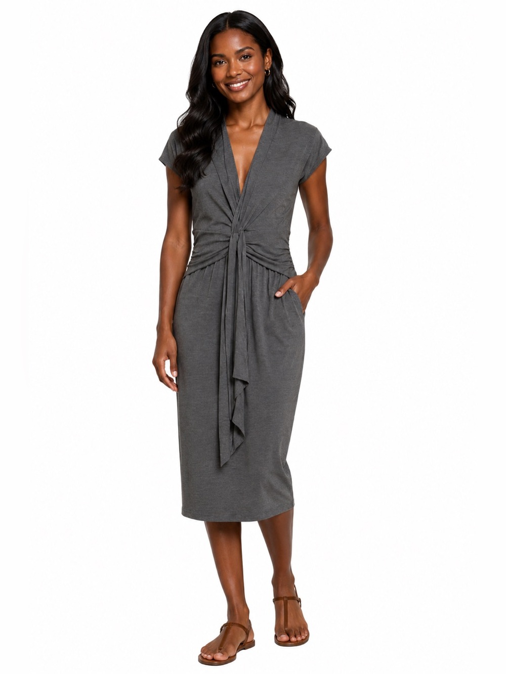 Max & Cleo Grey Faux-Wrap Midi Dress